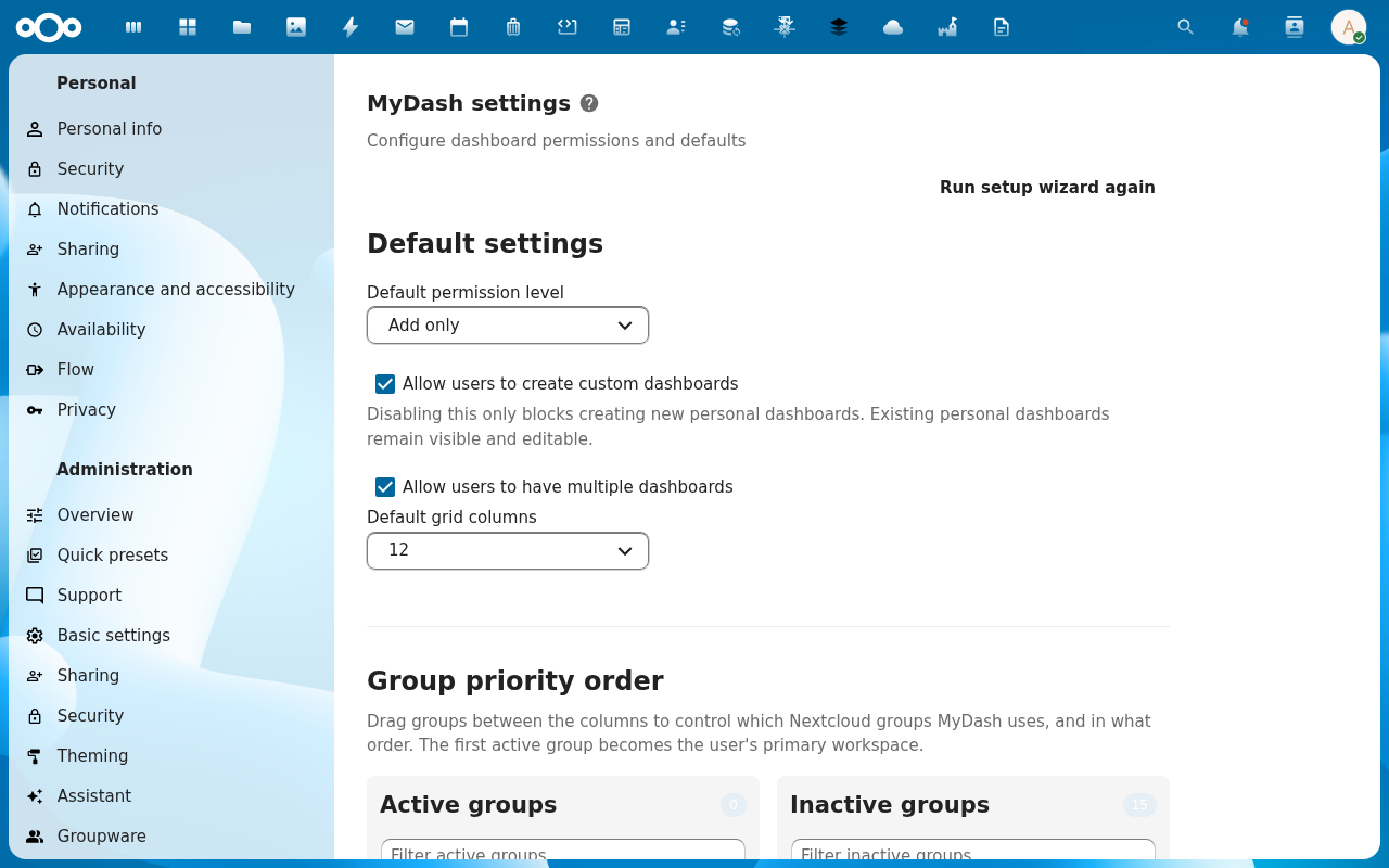 Personal dashboards toggle
